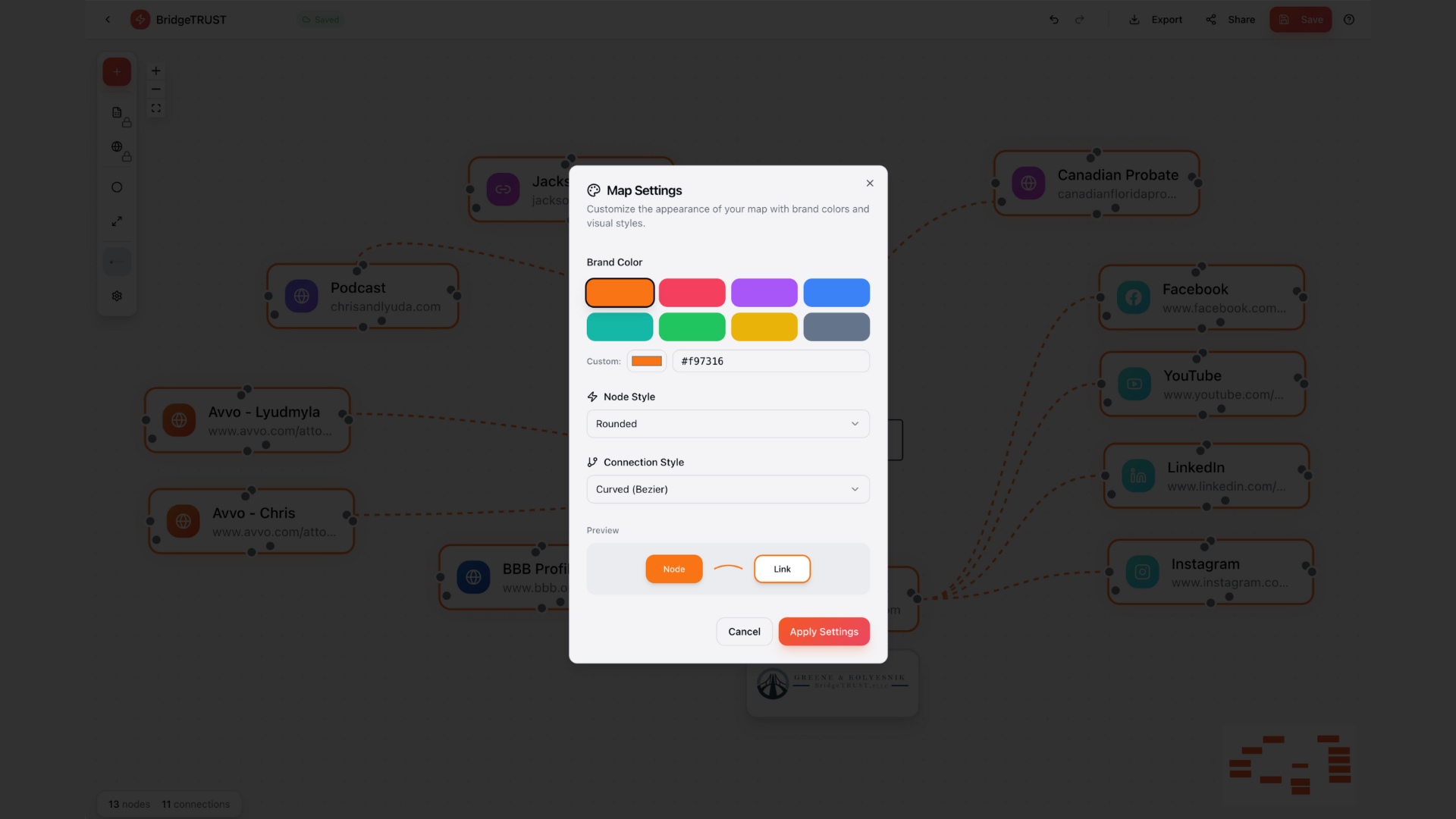 Map Settings dialog showing brand color options, node styles, and connection styles